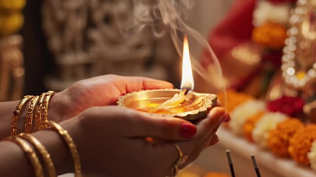Sacred Oil Lamp Ritual at Hindu Temple - The video captures hands adorned with gold bangles holding a lit oil lamp, or diya, during a Hindu temple ceremony.