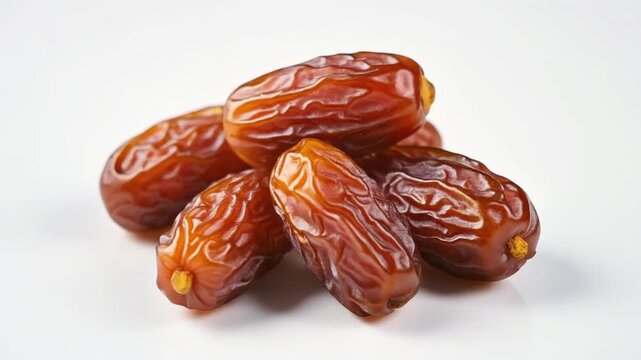 Cluster of glossy Ramadan dates arranged neatly on a pure white background with elegant &ldquo;Ramadan Kareem&rdquo; text, styled as a festive greeting card or invitation.