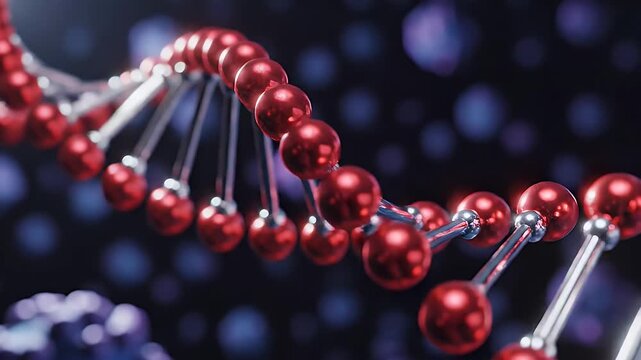 Artistic Representation of DNA Double Helix - An artistic visualization of a DNA double helix structure is depicted with red and silver beads on strands, set against a blurred dark background with