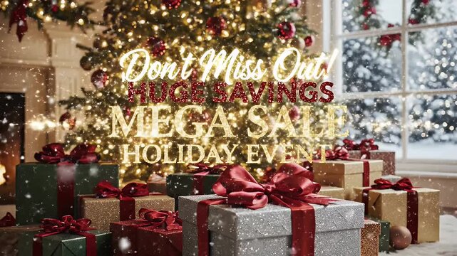Holiday Mega Sale Event with Gifts - A festive holiday scene showcases beautifully wrapped Christmas gifts with red ribbons, set against a backdrop of a decorated Christmas tree and falling