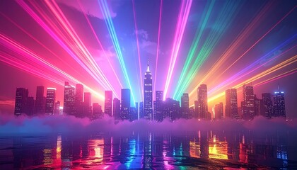 Futuristic Skyline Reflected on Water with Neon Glow