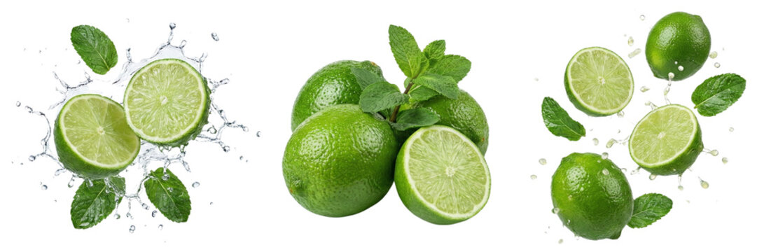 Fresh limes and mint leaves splashing in water for refreshing drinks