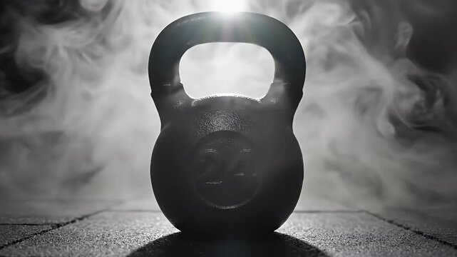 Dramatic Kettlebell in Smoky Gym - A kettlebell is prominently displayed in a dimly lit gym, surrounded by dramatic smoke effects.