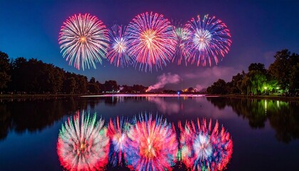 Colorful Fireworks Reflected on Calm Lake at Night