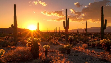 Desert Cactus Silhouettes with Warm Sunset Glow Landscape