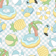 Pool Float Inflatable Seamless Pattern with Flamingo Ring Palm Island Beach Ball Summer Resort Illustration