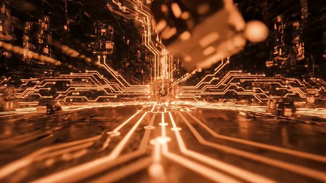Dynamic Glowing Circuit Board Background - This video features a dynamic tech background illuminated with glowing orange circuit lines and shapes.