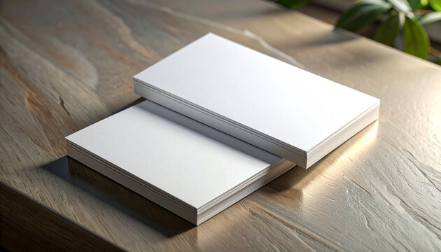 Two clean stacks of blank white business cards or flyers neatly arranged on a rustic wooden desk, offering a perfect template for custom branding mockups and corporate identity designs