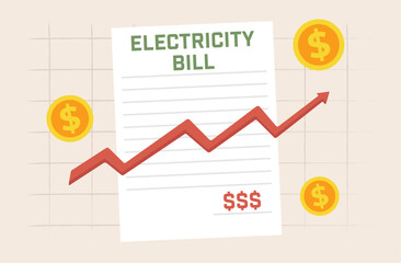 Obraz premium Rising electricity bill costs illustrated with graph and coins.