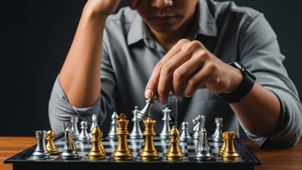 Man thoughtfully moves a silver chess piece on a chessboard, strategizing his next move.