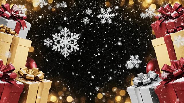 Christmas Gifts and Snowflakes on Black - This video shows a festive frame of elegant Christmas gifts with red, gold, and silver ribbons, against a falling snowflakes on a black background.
