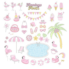Pink Flamingo Pool Party Summer Elements Set with Beach Accessories, Drinks, Ice Cream and Tropical Decor Illustration