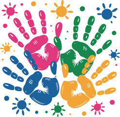 Colorful Handprints and Sunbursts Vector Art for Children's Art and Holi Festival Themes