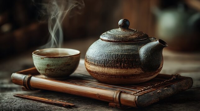 Steaming tea cup next to bamboo teapot high resolution picture