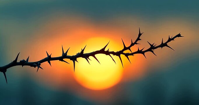 A close-up shot of a thorny branch silhouetted against a vibrant sunset, creating a moody and dramatic atmosphere.