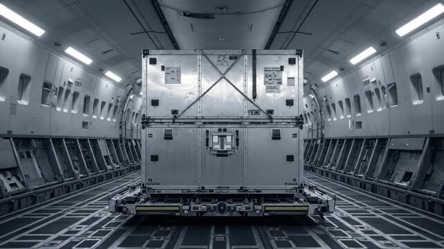 Inside cargo plane with large container, ready for transportation and global logistics.