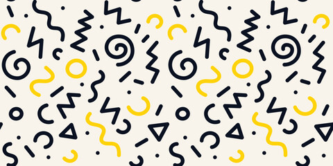 Abstract seamless pattern of hand-drawn playful line and shapes. Vector organic leaves, vibrant dot spots in bold colors. Naive art style design. Abstract background