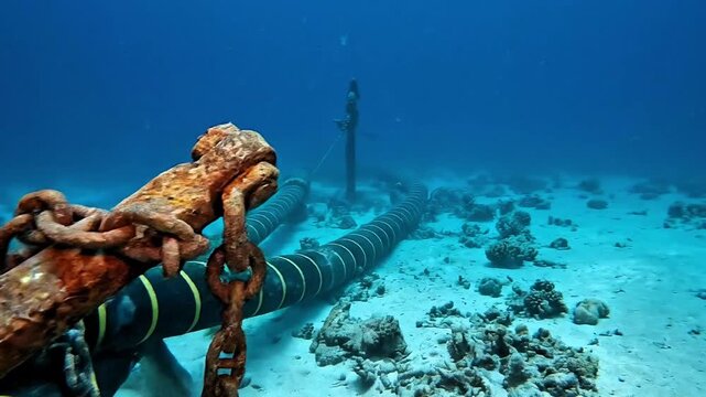 Video, illustration of a ship's anchor getting caught in an undersea internet cable, internet, incident, internet network connection and communication, 