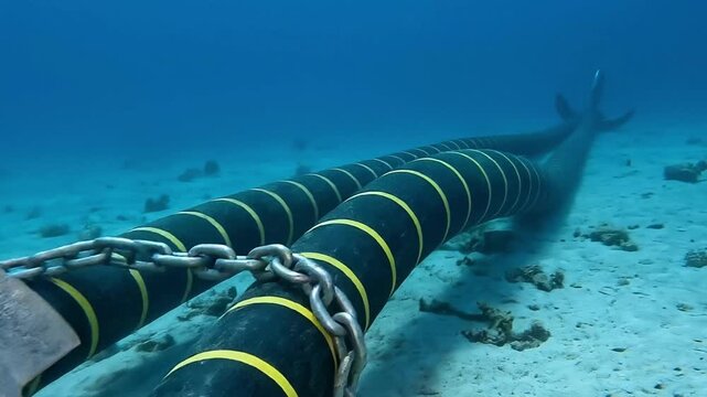 Video, illustration of a ship's anchor getting caught in an undersea internet cable, internet, incident, internet network connection and communication, 