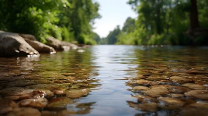 Fototapeta premium A clear river flows over smooth stones in the bright sunlight surrounded by lush green nature