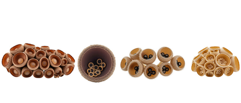 A diverse collection of various Birds Nest Fungi species and related fungi isolated on a clean white background.