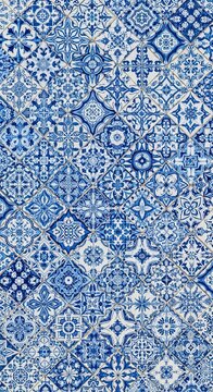 Seamless blue mosaic floral pattern with vintage Istanbul architecture tiles creating a traditional antique ornament texture for wallpaper and textile design