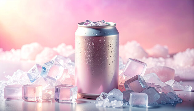 A cold, condensation-covered aluminum drink can surrounded by ice cubes with a soft pink background, creating a refreshing atmosphere.