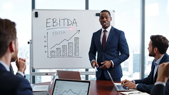 CEO Talks In Front Of White Board Labeled EBITDA