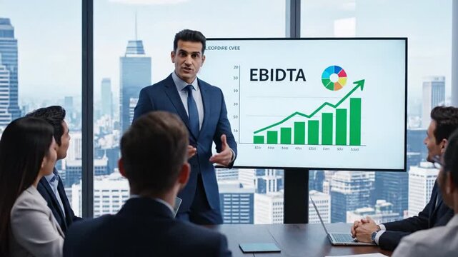 CEO Talks In Front Of White Board Labeled EBITDA