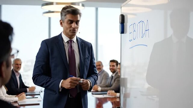 CEO Talks In Front Of White Board Labeled EBITDA