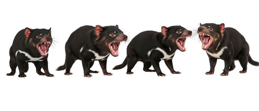 A group of four fierce Tasmanian devils snarling aggressively with open mouths isolated on a white background.