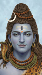 Close up portrait of the divine mahadev with blue skin and crescent moon for maha shivratri festival greeting cards and spiritual hindu god wallpaper design