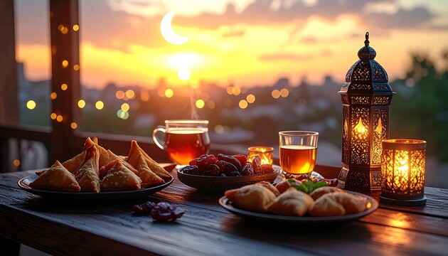 Traditional ramadan iftar meal setup with samosas dates and tea on a wooden table during sunset with ornate lanterns creating a warm ambiance for breaking the fast.