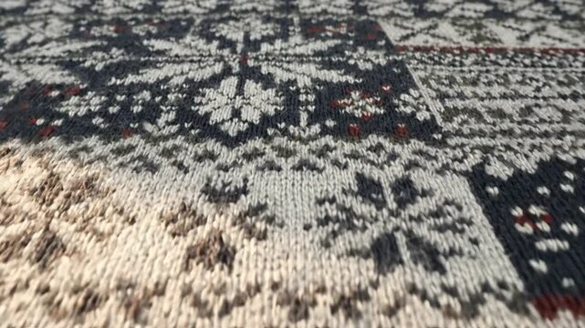 Detailed close-up of a knitted winter pattern with snowflakes and geometric shapes.