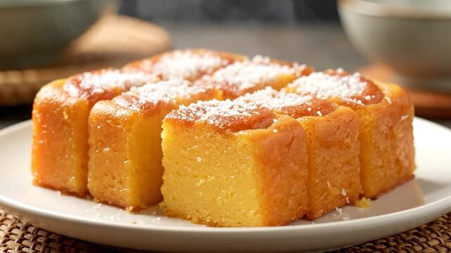 Plate of banh khoai mi nuong cassava cake Steam coming out. Vietnamese cuisine