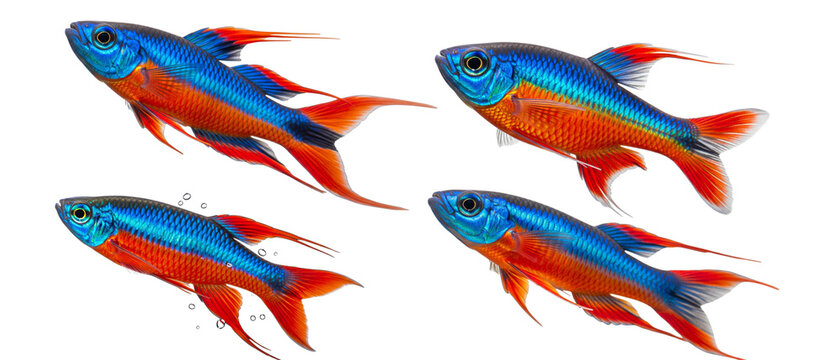 A group of four vibrant longfin Cardinal Tetra fish isolated on a white background.