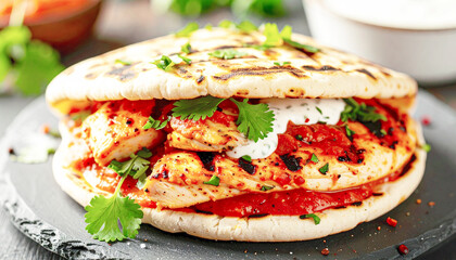 Warm pita pocket sandwich filled with sauce and grilled chicken, closeup. AI