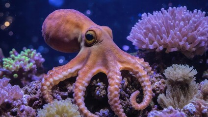 Obraz premium Octopus Underwater Coral Reef Marine Life.