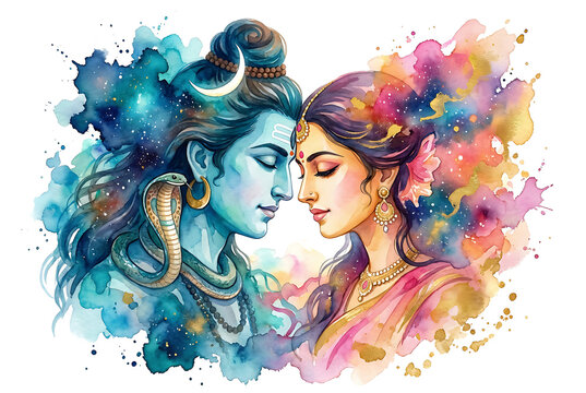 Artistic watercolor illustration of lord shiva and goddess parvati together in divine love for maha shivratri celebration spiritual union of shakti and mahadev poster