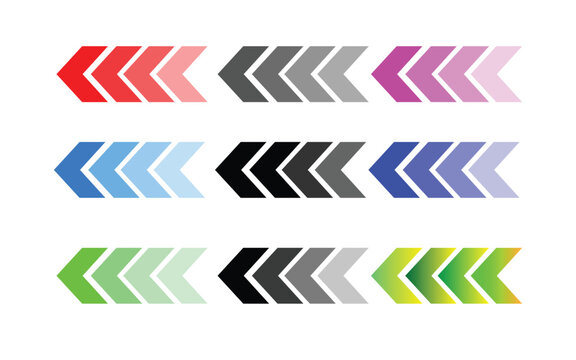 Set of chevron arrows in gradient colors pointing left on white background