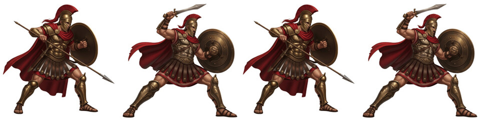 Obraz premium Set of Ancient Greek Spartan Warriors in Action Poses with Spears and Shields
