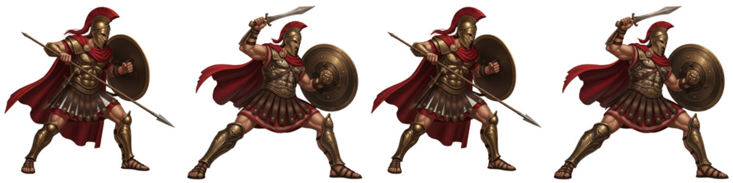 Set of Ancient Greek Spartan Warriors in Action Poses with Spears and Shields