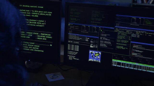 Over shoulder shot of young female hacker typing code on desktop computer looking at multiple screens while breaking into protected networks during night in office