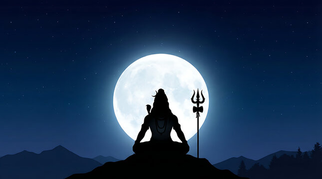 Silhouette of mahadev meditating in front of a giant full moon for maha shivratri festival posters and spiritual wallpaper backgrounds with a sacred trident and trishul