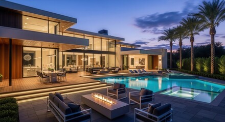 Fototapeta premium Modern luxury villa at dusk with illuminated pool and palm trees night scene