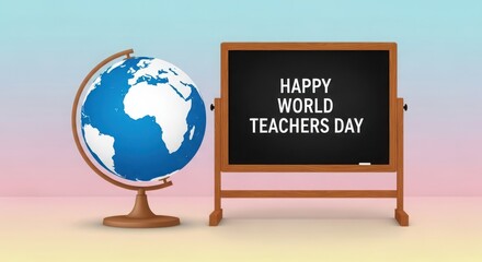A colorful illustration celebrating world teachers day with a globe and chalkboard.