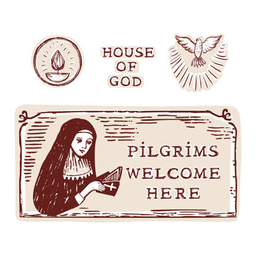 Pilgrims welcome here banner with text and nun for House of God illustration. Hand drawn vector motif set. Candle and holy spirit dove for christian pilgrimage concept. St francis plenary indulgence
