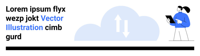 Fototapeta premium Cloud computing, data transfer, technology, digital storage, information sharing, IT services. A person holding a tablet near a cloud icon with arrows. Cloud computing and data transfer concept