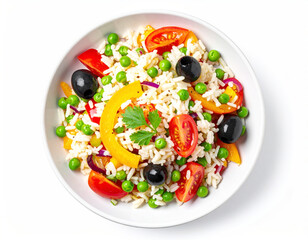 Vegetable rice salad with bell pepper, tomato, peas, olives and olive oil, top view. AI