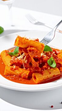 Modern pr&auml;sentierte Rigatoni al Pomodoro mit glatter Tomatensauce